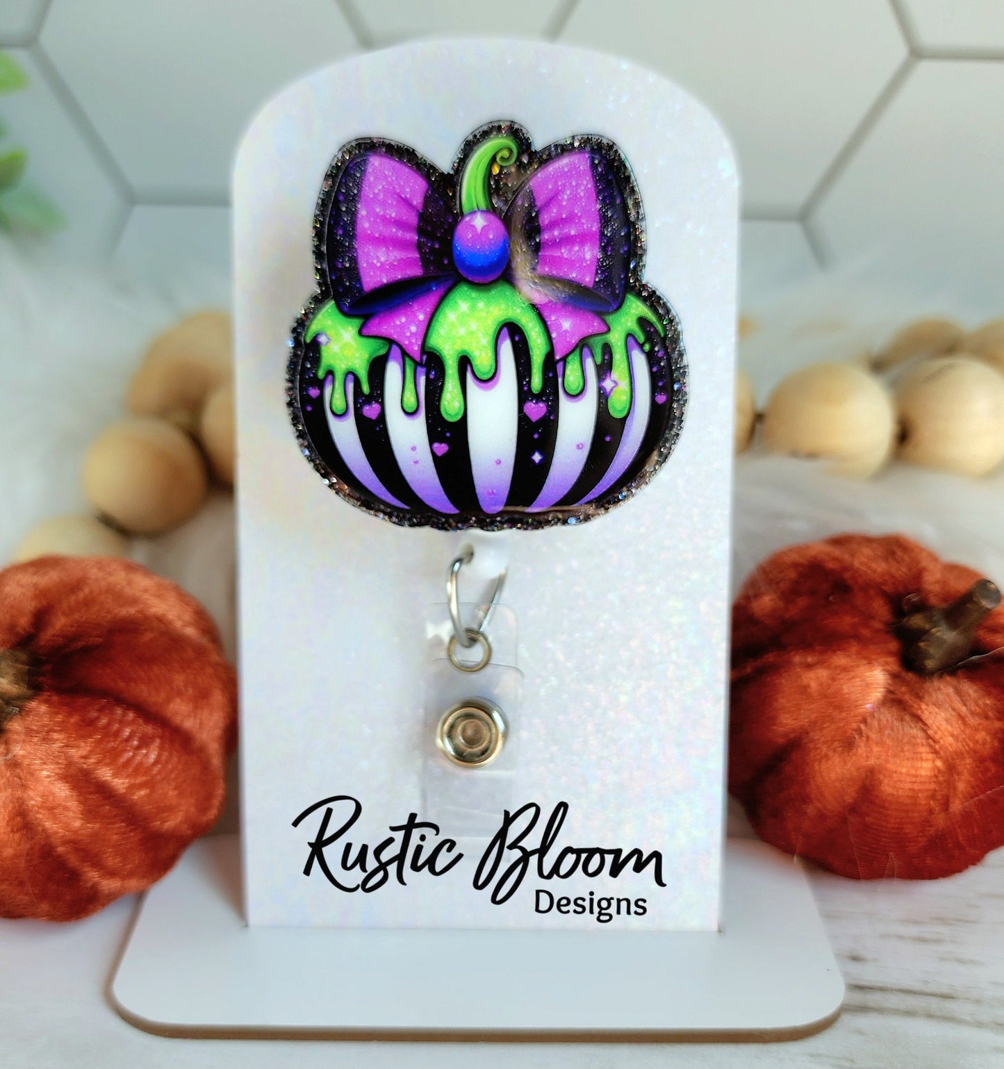 Pumpkin Black White Strip Drip Bow  Pumpkins  Glitter Badge Reel  Name Tag Work ID Holder Personalized Nurse Gift for Teacher