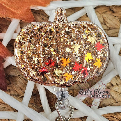 Glitter Pumpkin Leopard Glitter Fall Badge Reel Interchangeable Work ID Holder Personalized Nurse Gift for Teacher Seasonal Badge