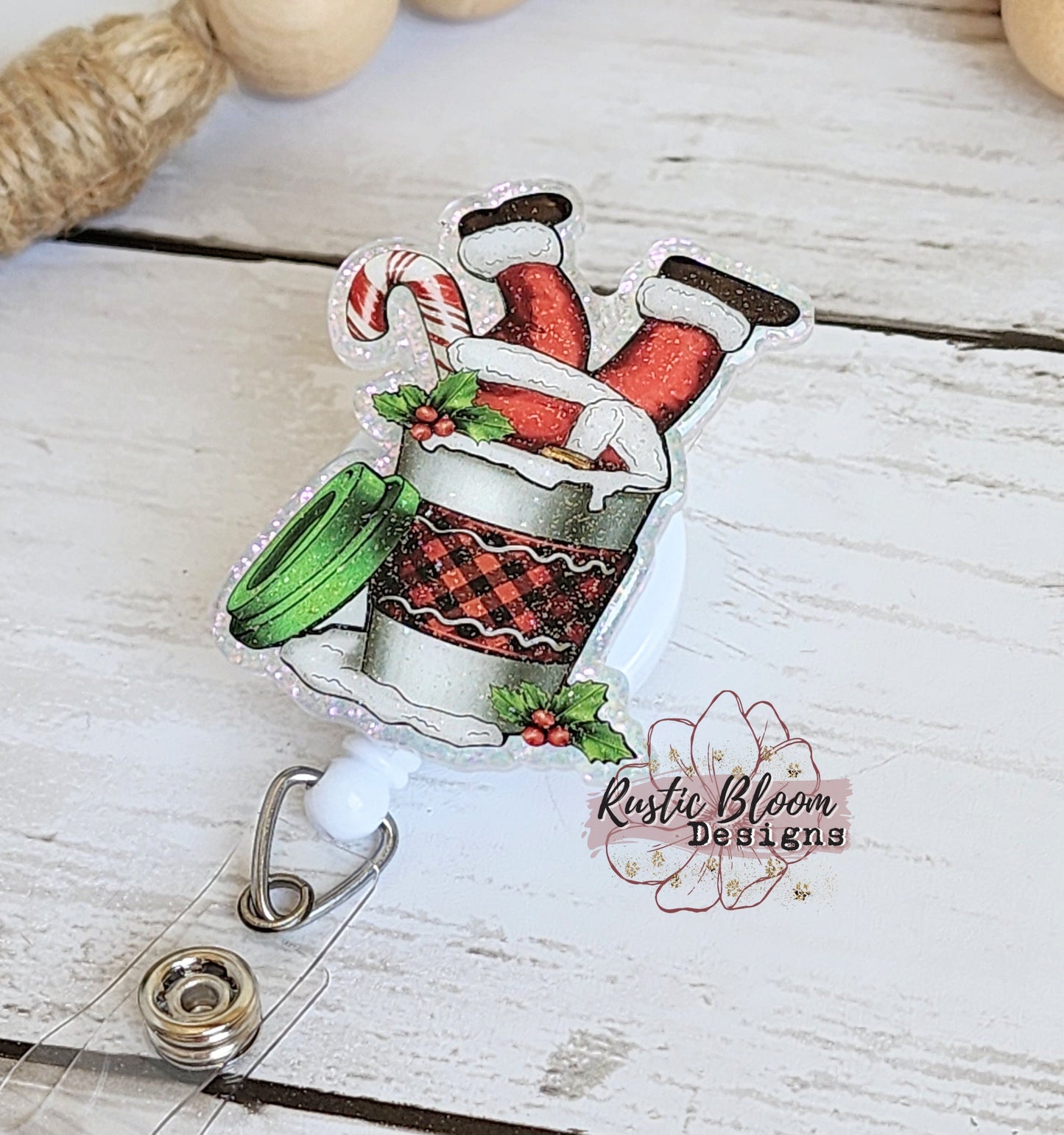 Glitter Christmas Santa Feet Coffee Mug Badge Reel Interchangeable retractable Personalized Custom Work ID Nurse Gift Teacher