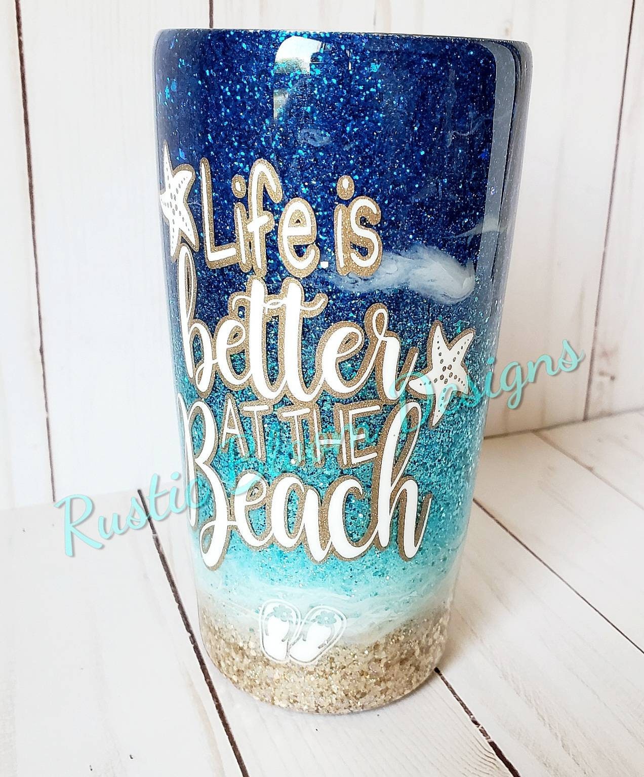 BEACH Ombre Glitter Tumbler PALM TREES  Mother's Day Gift for Her Custom Insulated Travel Coffee Mug Personalized Cup Tropical Ocean Waves