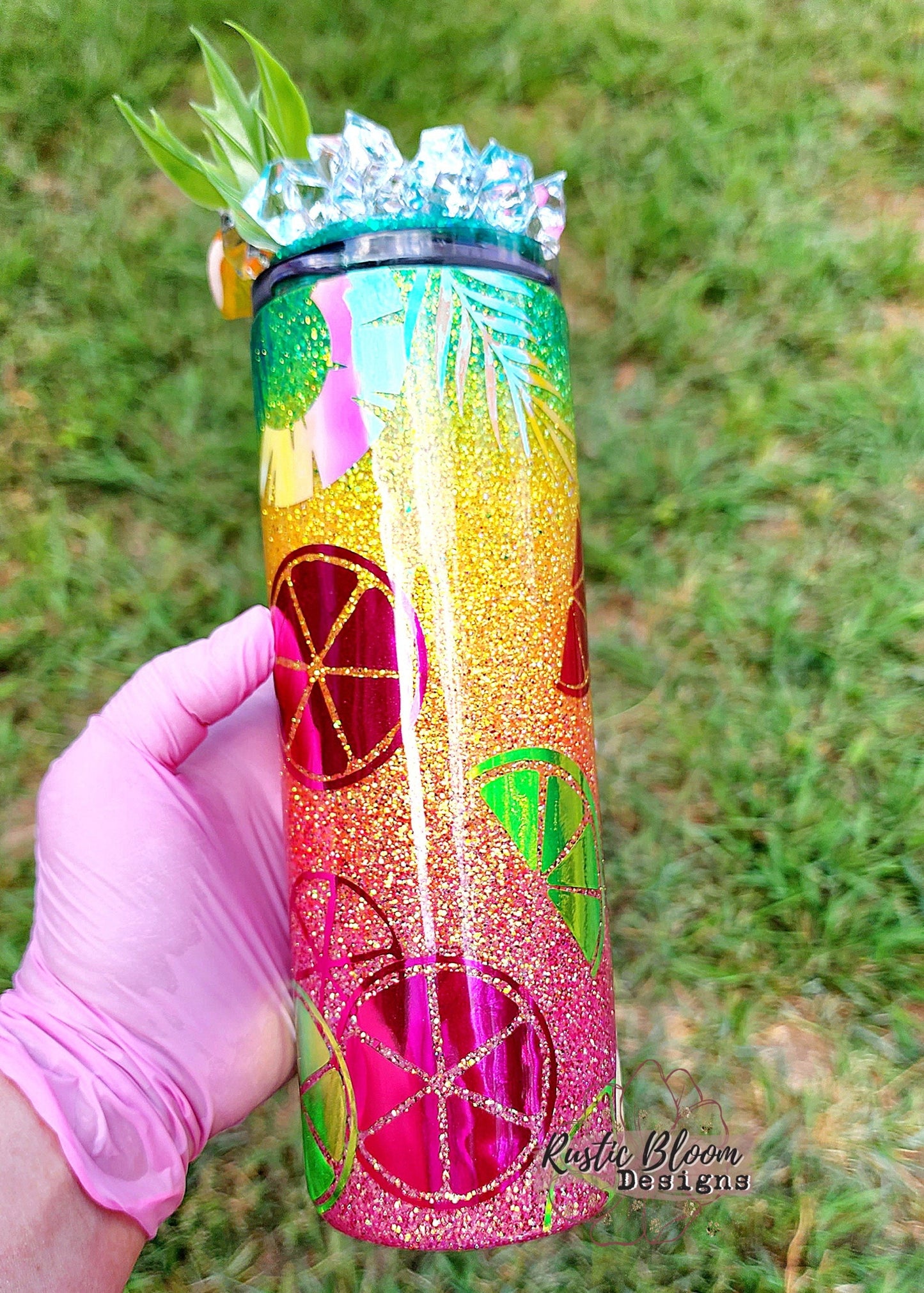 Glitter Cocktail Pineapples Rum gift Swirl Cup personalized travel mug gift for her Insulated With Faux Ice topper