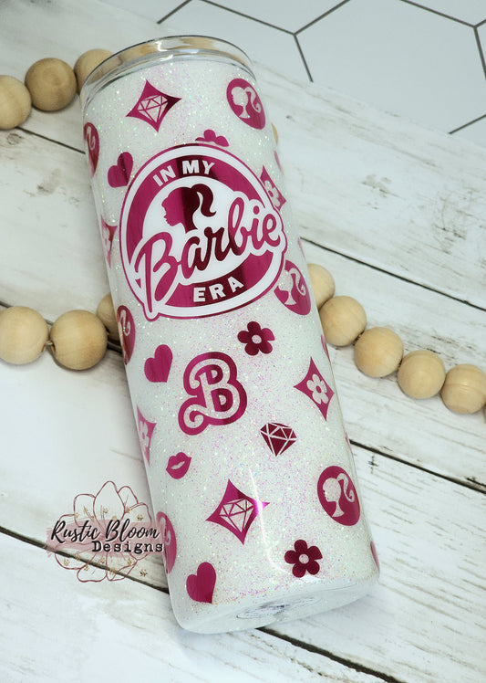 In my Era Doll Era LV Style Glitter Tumbler Personalized Custom Travel Coffee Mug Gift for Her Pink Doll Era Insulated Coffee Mug Barbie