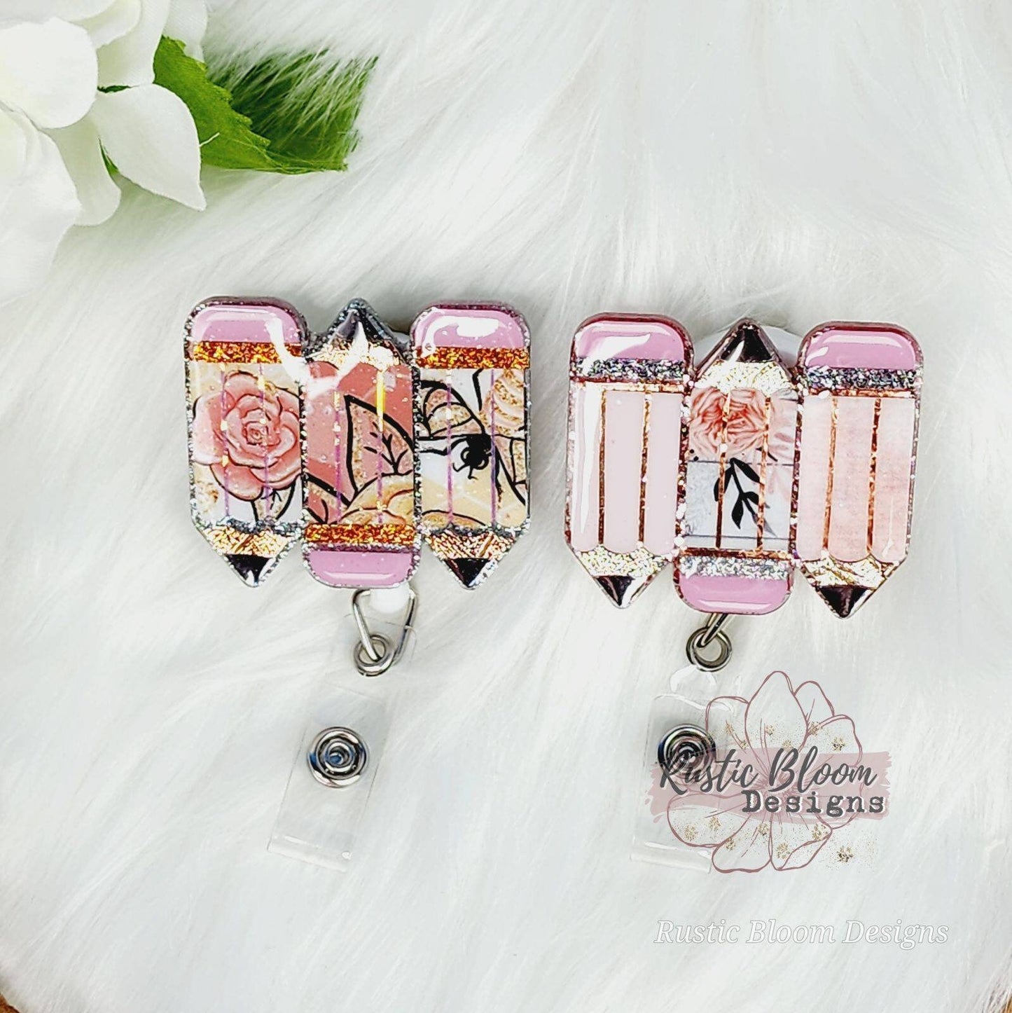 Glitter Pencil Badge Reel Retractable Interchangeable teacher Name Holder Custom Gift For Her Work ID holder Teacher ID Tag gift
