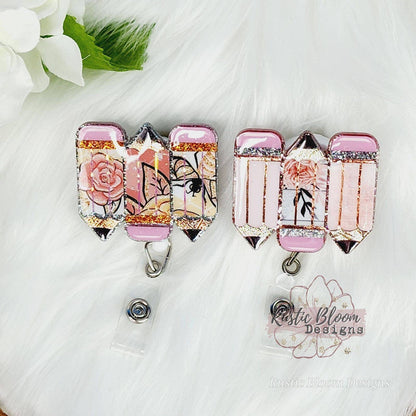 Glitter Pencil Badge Reel Retractable Interchangeable teacher Name Holder Custom Gift For Her Work ID holder Teacher ID Tag gift