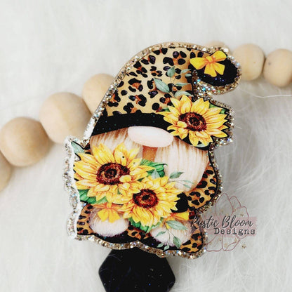 GLITTER Gnome Leopard Print Sunflower Badge Reel Custom Retractable Name Tag Gift For Nurse Id Holder RN Cheetah Badge Teacher Work ID Badge