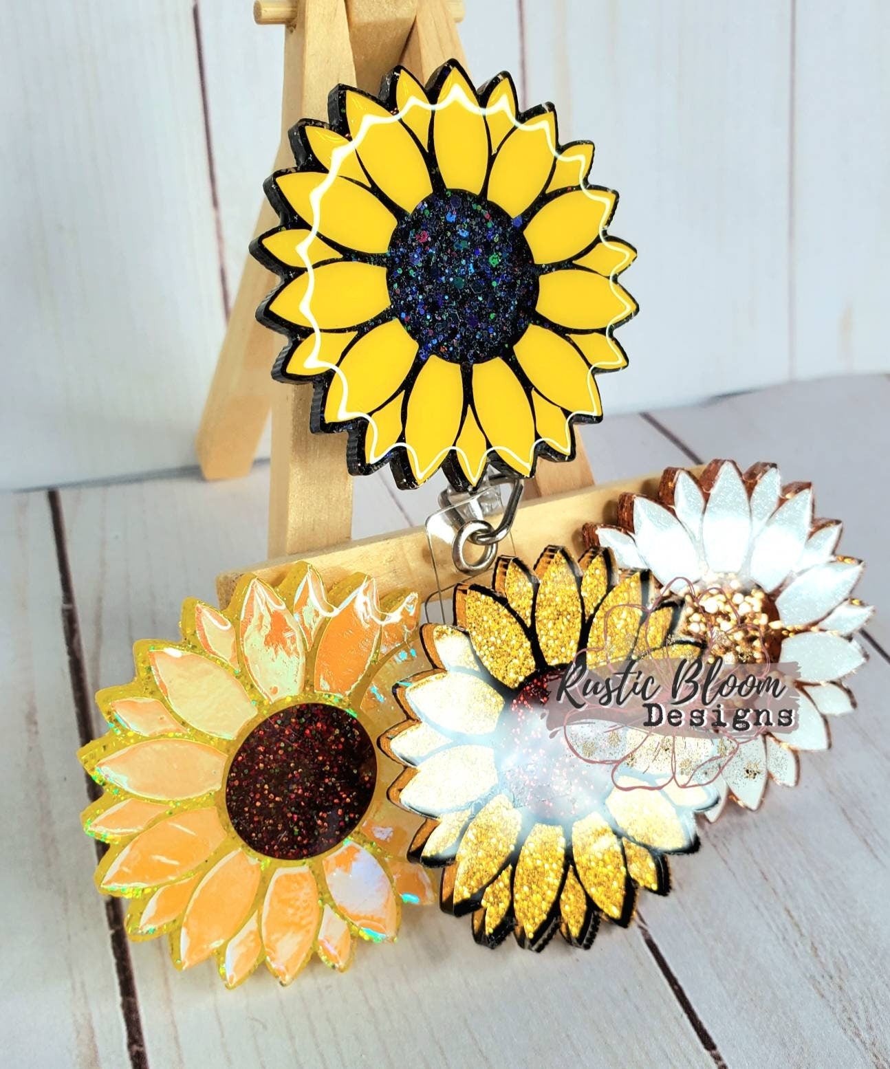 Glitter Sunflower Badge Reel Retractable Interchangeable Nurse Name Holder Custom Gift For Her Work ID holder Teacher ID Tag