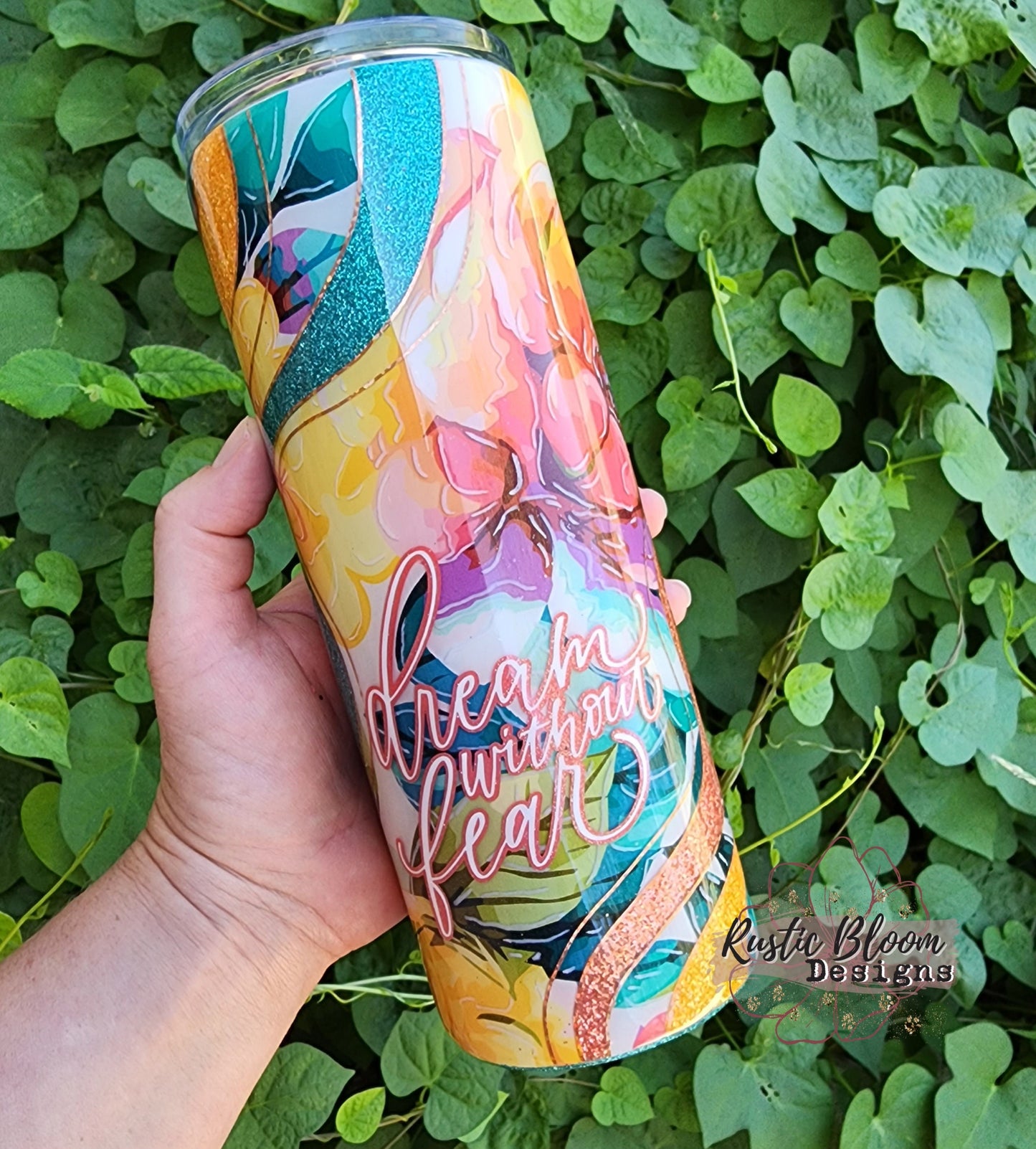 Glitter Pink Coral Teal Floral Swirl Wave Tumbler Custom Gift for Her Travel Mug Personalized Insulated Coffee Cup Hot Drinks Cold
