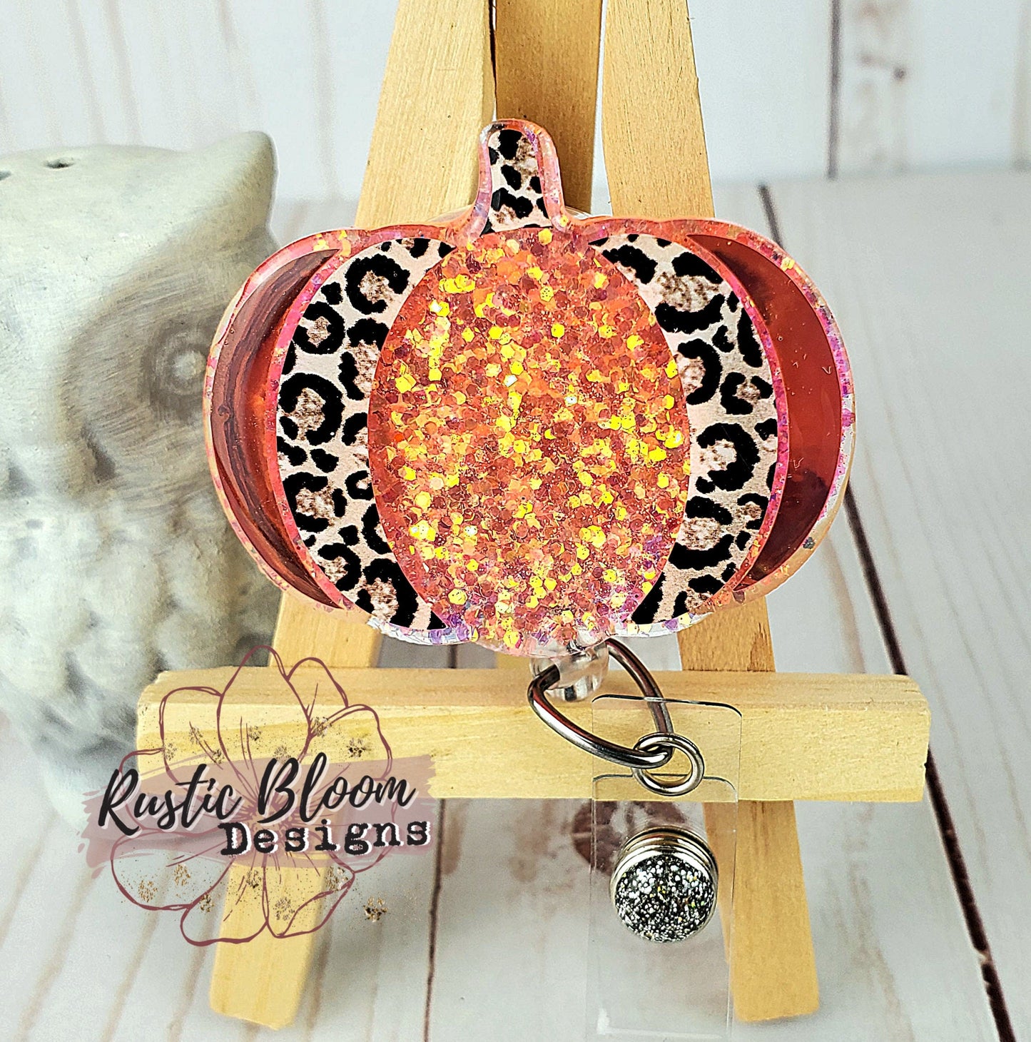 Fall Leopard Pumpkin Glitter Badge Reel  Interchangeable Name Tag Work ID Holder Personalized Nurse Gift for Teacher Holiday Badge
