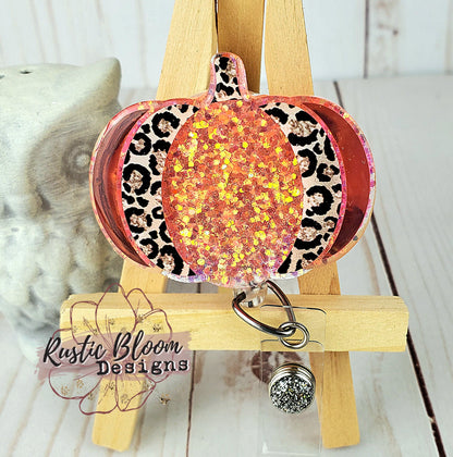Fall Leopard Pumpkin Glitter Badge Reel  Interchangeable Name Tag Work ID Holder Personalized Nurse Gift for Teacher Holiday Badge