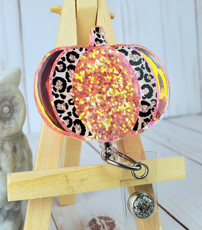 Fall Leopard Pumpkin Glitter Badge Reel  Interchangeable Name Tag Work ID Holder Personalized Nurse Gift for Teacher Holiday Badge