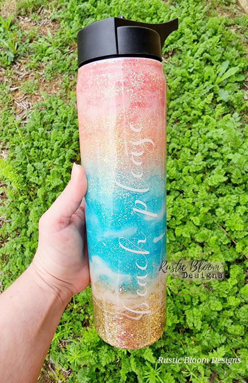 Personalized Beach Pastel Glitter Tumbler Personalized Custom Travel Coffee Mug Gift for Mother's Mama Cup Girly Sparkly Epoxy with Handle