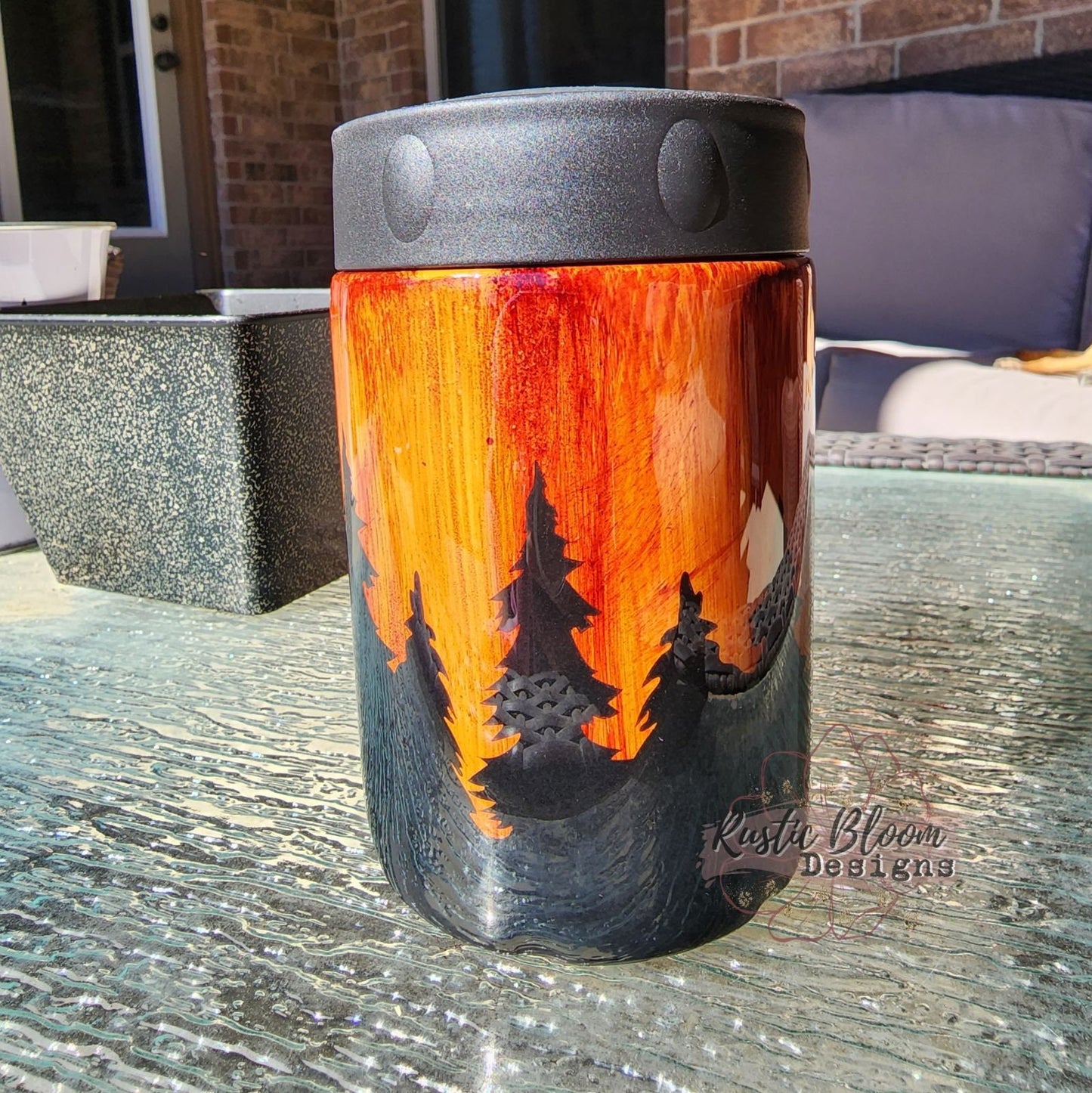 Woodgrain Tumbler Can coozie personalized can cooler forest mountains beer Coozie Custom mug Husband in woods gift for men Dad gift Guy Camo
