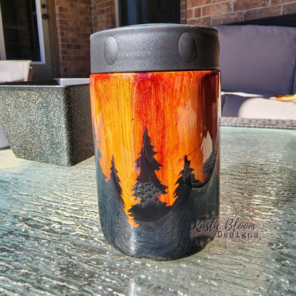 Woodgrain Tumbler Can coozie personalized can cooler forest mountains beer Coozie Custom mug Husband in woods gift for men Dad gift Guy Camo