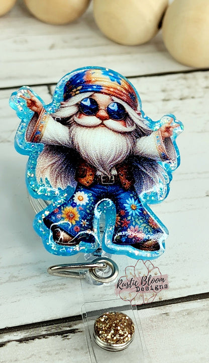 Hippie Gnome Peace Glitter Badge Reel Interchangeable RN Custom Retractable BadgeID Holder Teacher Gift Name Tag Nurse