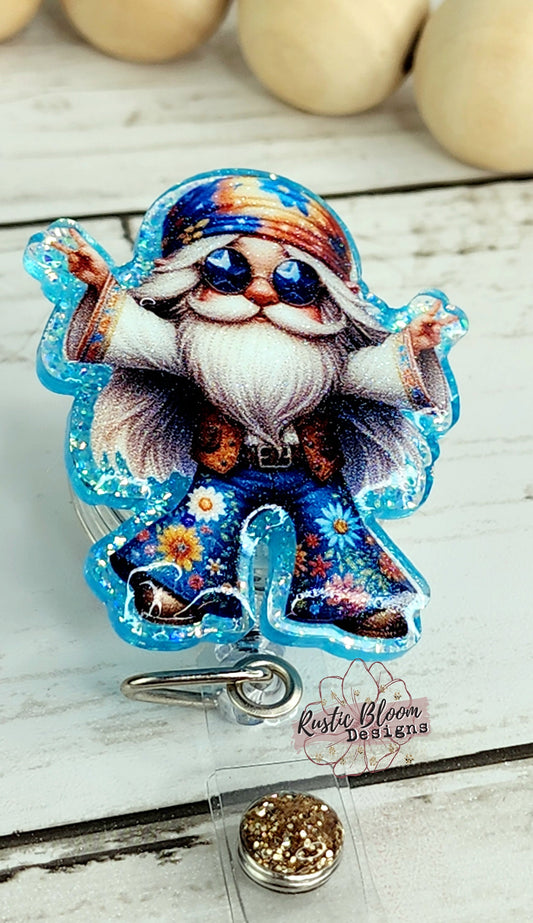 Hippie Gnome Peace Glitter Badge Reel Interchangeable RN Custom Retractable BadgeID Holder Teacher Gift Name Tag Nurse
