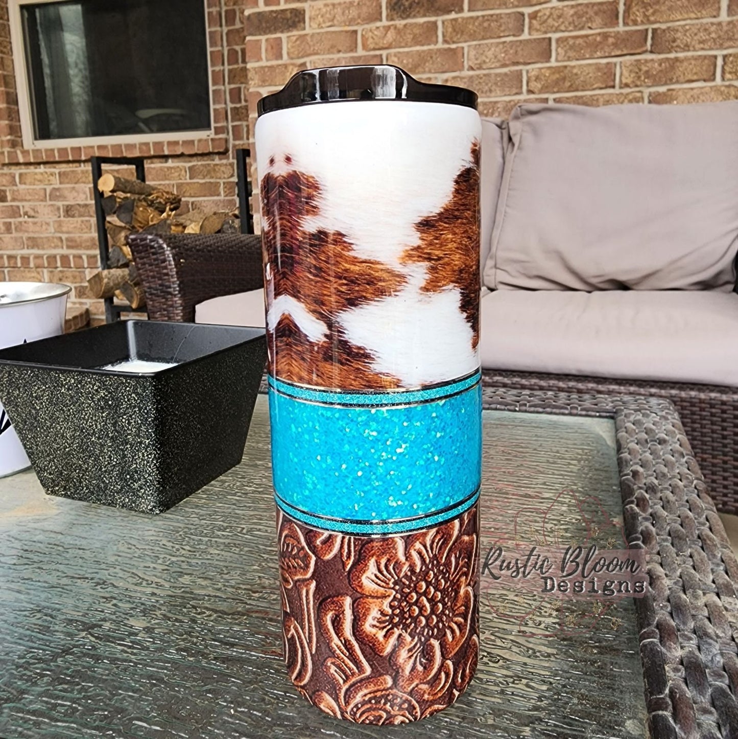 Western Cow Tumbler Teal Turquoise Glitter Tooled Leather Cowhide Lover Rustic Travel mug Coffee Lover Epoxy Drink Cup Water Personalized