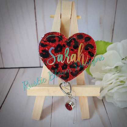 Heart Shaped Leopard Print and glitter Badge Reel