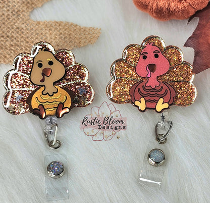 Fall Turkey Glitter Badge Reel Interchangeable Name Tag Work ID Holder Personalized Nurse Gift for Teacher Holiday Badge Seasonal Badge