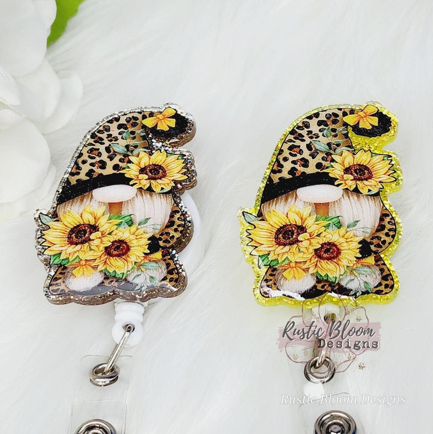 GLITTER Gnome Leopard Print Sunflower Badge Reel Custom Retractable Name Tag Gift For Nurse Id Holder RN Cheetah Badge Teacher Work ID Badge