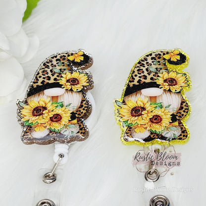 GLITTER Gnome Leopard Print Sunflower Badge Reel Custom Retractable Name Tag Gift For Nurse Id Holder RN Cheetah Badge Teacher Work ID Badge
