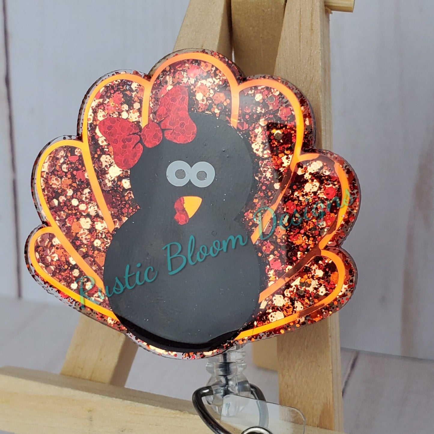 Fall Turkey Glitter Badge Reel Interchangeable Name Tag Work ID Holder Personalized Nurse Gift for Teacher Holiday Badge Seasonal Badge