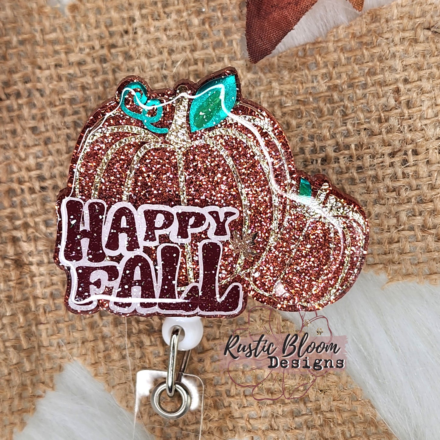 Fall Leopard Pumpkin Glitter Badge Reel  Interchangeable Name Tag Work ID Holder Personalized Nurse Gift for Teacher Holiday Badge