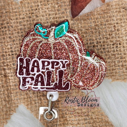 Fall Leopard Pumpkin Glitter Badge Reel  Interchangeable Name Tag Work ID Holder Personalized Nurse Gift for Teacher Holiday Badge