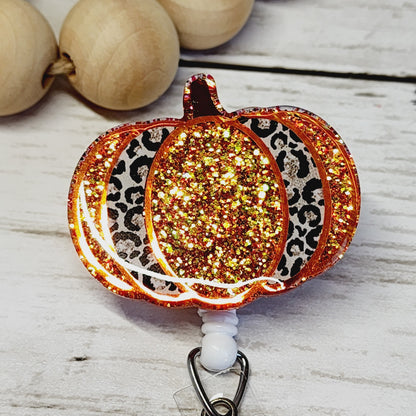 Fall Leopard Pumpkin Glitter Badge Reel  Interchangeable Name Tag Work ID Holder Personalized Nurse Gift for Teacher Holiday Badge