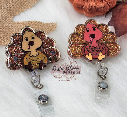 Fall Turkey Glitter Badge Reel Interchangeable Name Tag Work ID Holder Personalized Nurse Gift for Teacher Holiday Badge Seasonal Badge