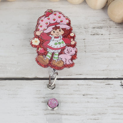 Cute Strawberry Character Glitter Badge Reel Interchangeable RN Custom Retractable BadgeID Holder Teacher Gift For Coworker Name Tag Nurse