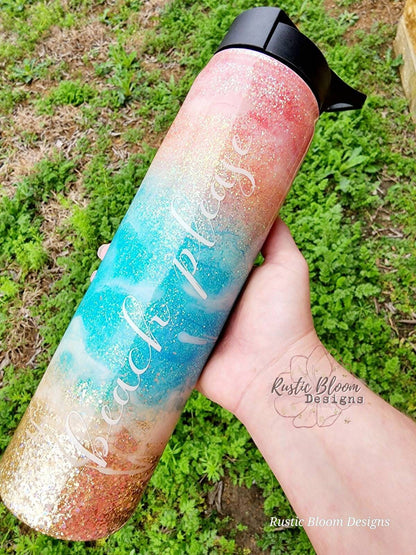 Personalized Beach Pastel Glitter Tumbler Personalized Custom Travel Coffee Mug Gift for Mother's Mama Cup Girly Sparkly Epoxy with Handle