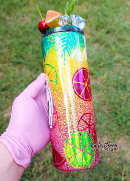Glitter Cocktail Pineapples Rum gift Swirl Cup personalized travel mug gift for her Insulated With Faux Ice topper