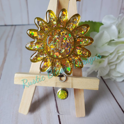 Glitter Daisy Flower Badge Reel Retractable Interchangeable Nurse Name Holder Custom Gift For Her Work ID holder Teacher ID Tag