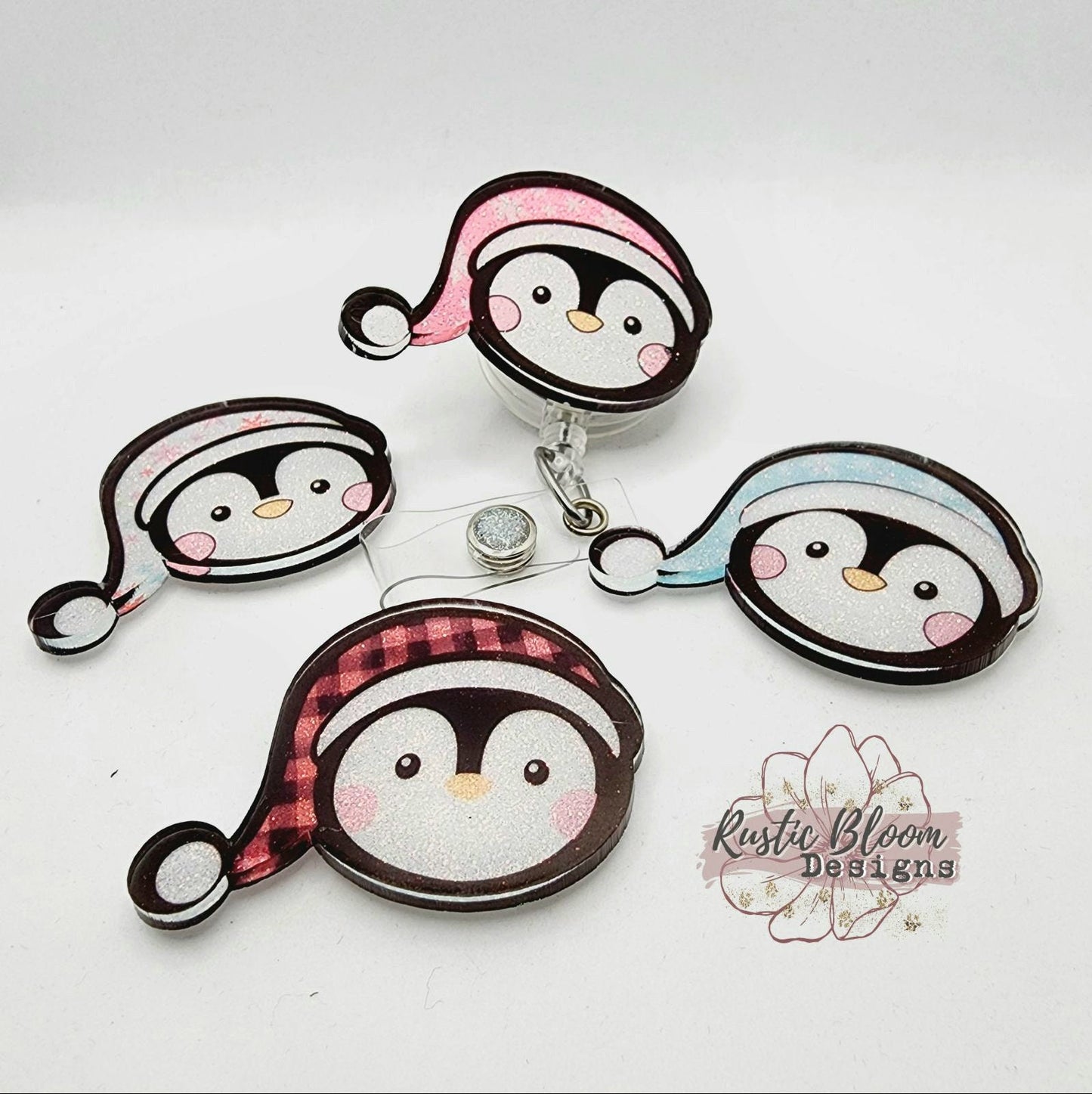 Glitter Penguin Santa Hat Christmas Badge Reel Interchangeable retractable Custom Work ID Nurse Gift Teacher Christmas buffalo plaid