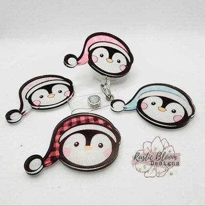 Glitter Penguin Santa Hat Christmas Badge Reel Interchangeable retractable Custom Work ID Nurse Gift Teacher Christmas buffalo plaid