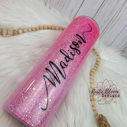 Hot Pink Neon Ombre Glitter Tumbler with Handle Straw Personalized Custom Travel Coffee Mug Gift for Mother's Mama Cup Girly Sparkly Epoxy