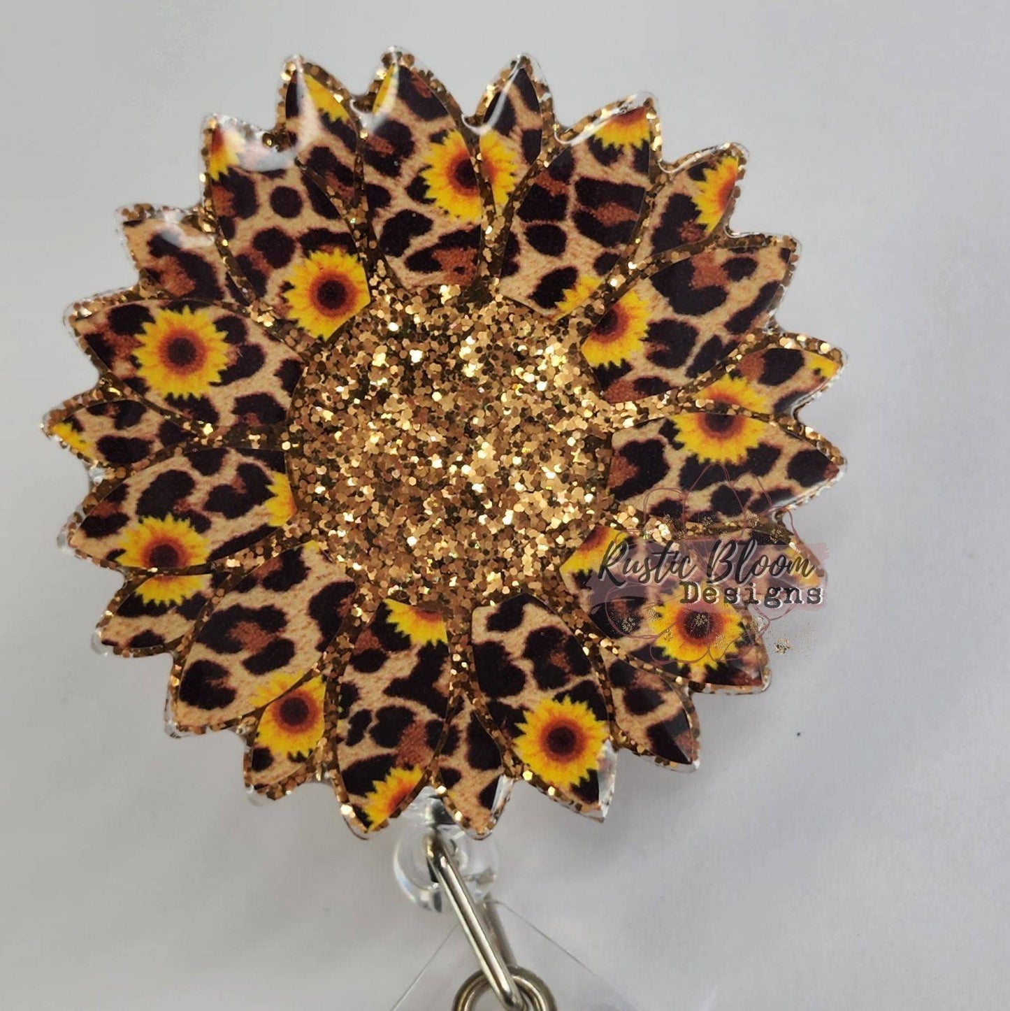 Glitter Sunflower Badge Reel Retractable Interchangeable Nurse Name Holder Custom Gift For Her Work ID holder Teacher ID Tag