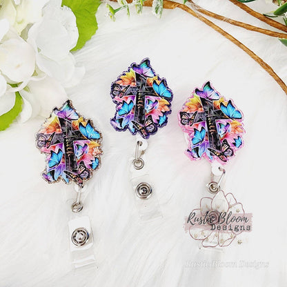 Cross Faith Butterfly Glitter Badge Reel Cute RN Custom Retractable ID Holder clip teacher Gift For healthcare worker Id tag Nurse gift