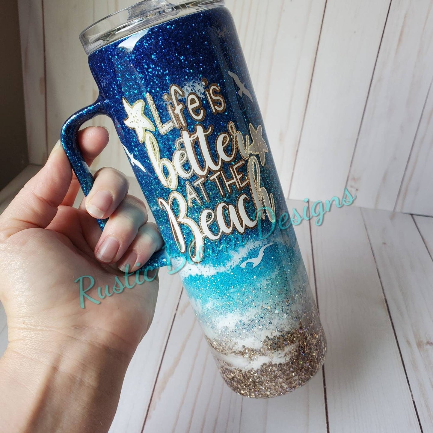 BEACH Ombre Glitter Tumbler PALM TREES  Mother's Day Gift for Her Custom Insulated Travel Coffee Mug Personalized Cup Tropical Ocean Waves