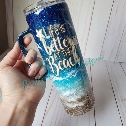 BEACH Ombre Glitter Tumbler PALM TREES  Mother's Day Gift for Her Custom Insulated Travel Coffee Mug Personalized Cup Tropical Ocean Waves