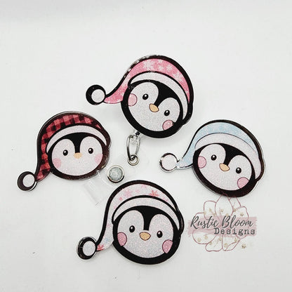 Glitter Penguin Santa Hat Christmas Badge Reel Interchangeable retractable Custom Work ID Nurse Gift Teacher Christmas buffalo plaid
