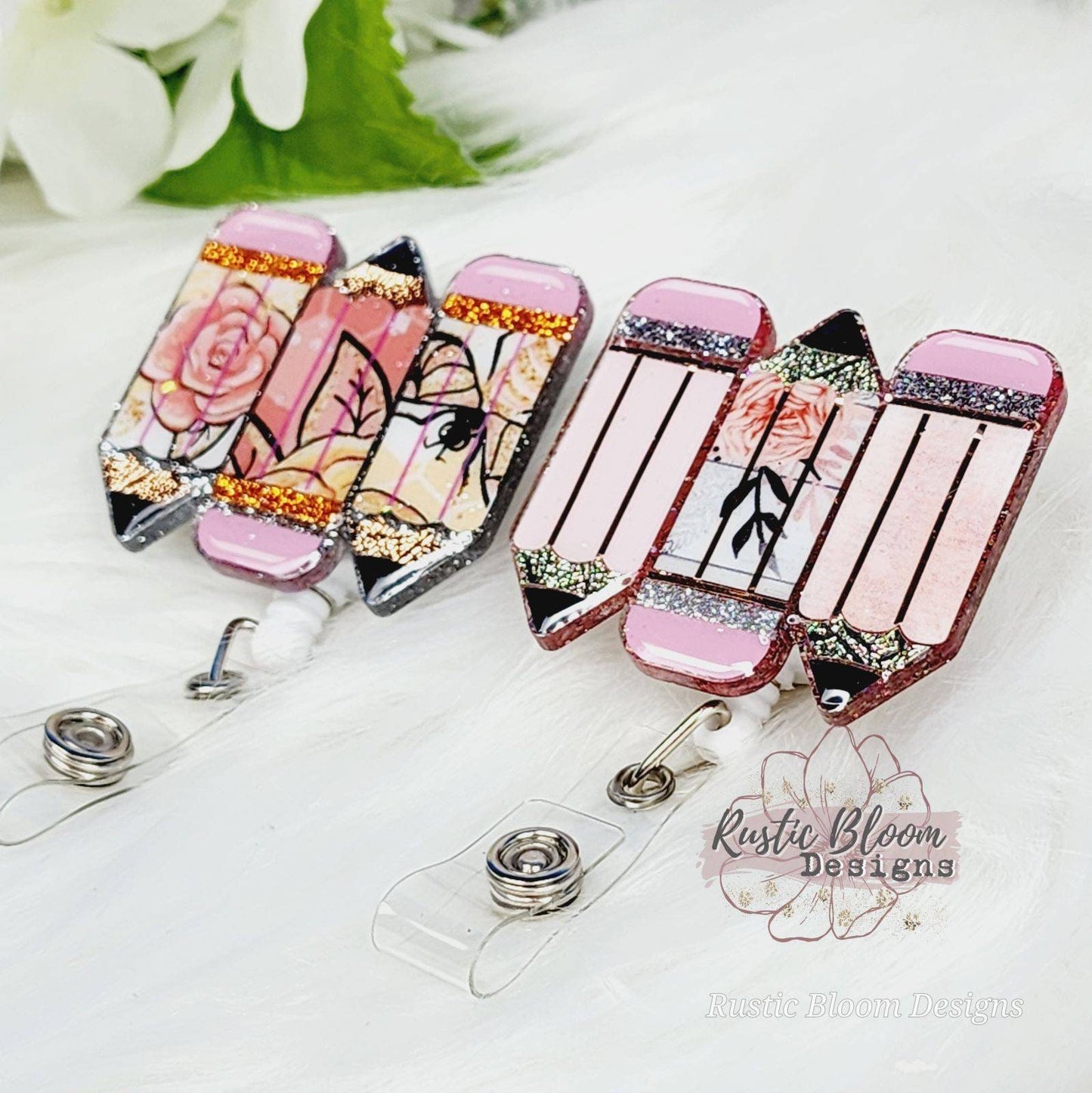 Glitter Pencil Badge Reel Retractable Interchangeable teacher Name Holder Custom Gift For Her Work ID holder Teacher ID Tag gift