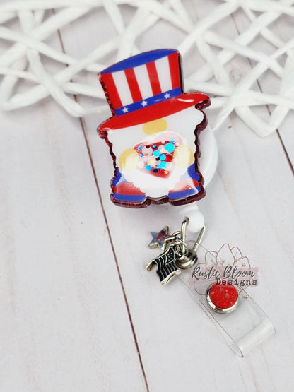 Cute Gnome 4th of July Glitter Badge Reel Custom Retractable Interchangeable Name Tag Work ID Holder Personalized Nurse Gift for Teacher ID