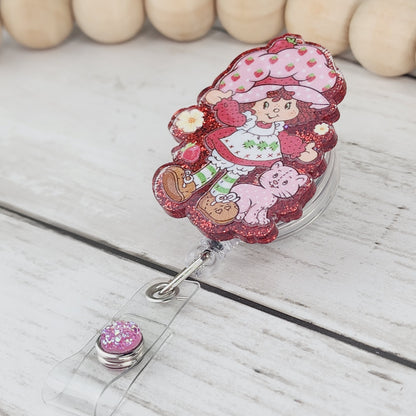 Cute Strawberry Character Glitter Badge Reel Interchangeable RN Custom Retractable BadgeID Holder Teacher Gift For Coworker Name Tag Nurse