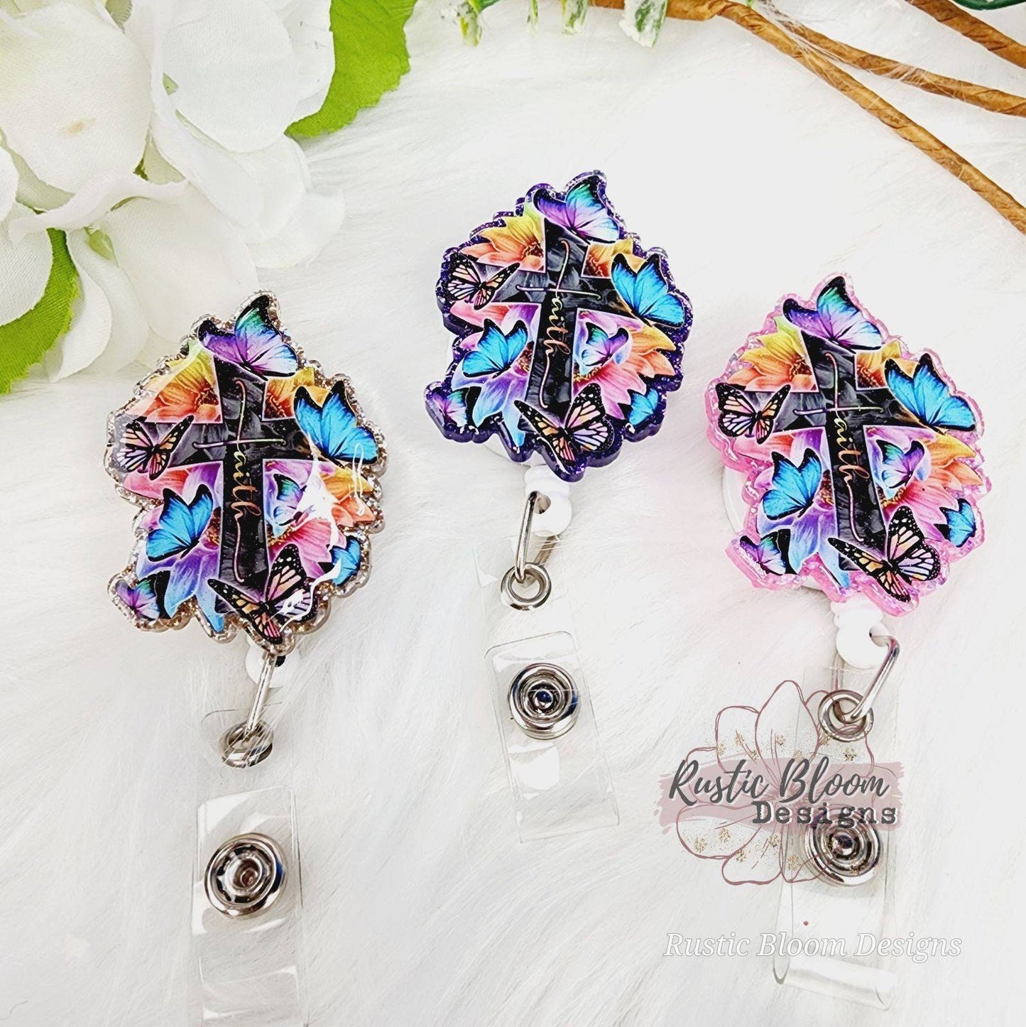 Cross Faith Butterfly Glitter Badge Reel Cute RN Custom Retractable ID Holder clip teacher Gift For healthcare worker Id tag Nurse gift