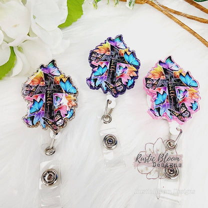 Cross Faith Butterfly Glitter Badge Reel Cute RN Custom Retractable ID Holder clip teacher Gift For healthcare worker Id tag Nurse gift