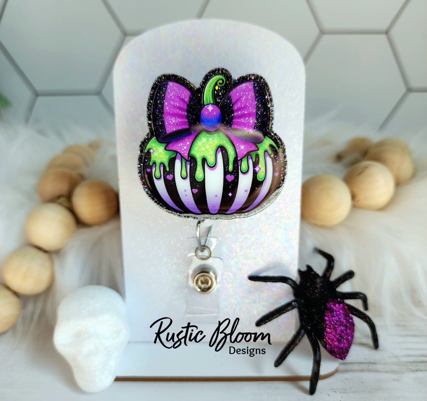 Pumpkin Black White Strip Drip Bow  Pumpkins  Glitter Badge Reel  Name Tag Work ID Holder Personalized Nurse Gift for Teacher