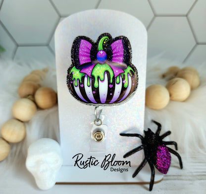 Pumpkin Black White Strip Drip Bow  Pumpkins  Glitter Badge Reel  Name Tag Work ID Holder Personalized Nurse Gift for Teacher