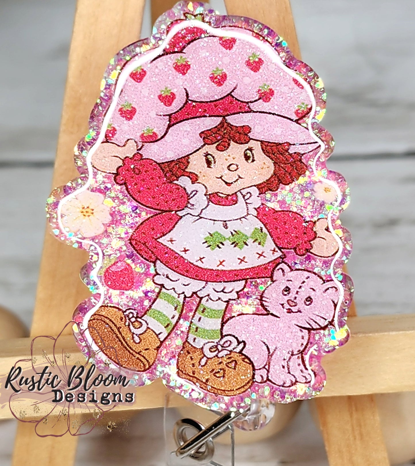 Cute Strawberry Character Glitter Badge Reel Interchangeable RN Custom Retractable BadgeID Holder Teacher Gift For Coworker Name Tag Nurse
