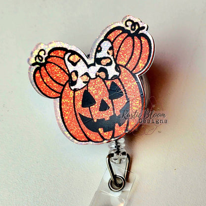 Pumpkin Mickey Ears Glitter Badge Reel Halloween Interchangeable Name Tag Work ID Holder Personalized Nurse Gift for Teacher holiday Badge